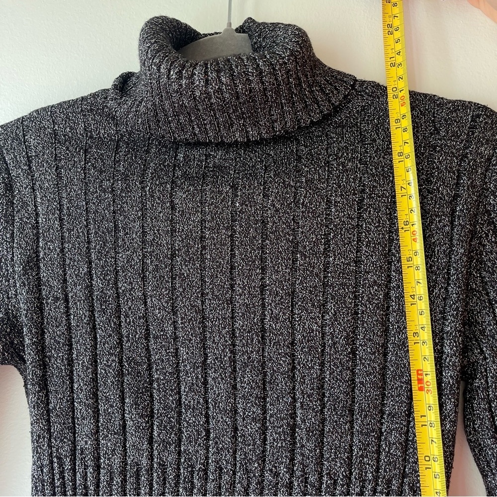Black Metallic Ribbed Knit Turtleneck Sweater Stretch Shimmer Long Sleeve S/M - Picture 5 of 9